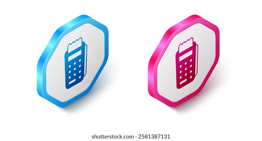 Isometric POS terminal with inserted credit card and printed reciept icon isolated on white background. NFC payment concept. Hexagon button. Vector