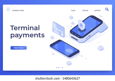 Isometric pos terminal payments. Money transfers, smartphone payment services and digital pay. Credit card contactless terminals, bank wireless payments transaction vector illustration