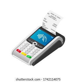 Isometric POS terminal print receipt. 3d Wireless NFC payment terminal with check isolated on white. E-payments, online shopping concept. Flat vector illustration for web, design, app, advert