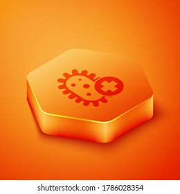 Isometric Positive virus icon isolated on orange background. Corona virus 2019-nCoV. Bacteria and germs, cell cancer, microbe, fungi. Orange hexagon button. Vector Illustration