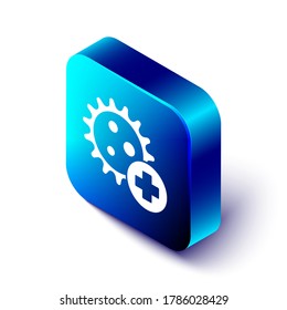 Isometric Positive virus icon isolated on white background. Corona virus 2019-nCoV. Bacteria and germs, cell cancer, microbe, fungi. Blue square button. Vector Illustration