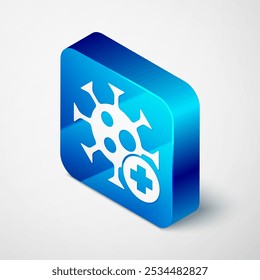 Ícone de vírus positivo isométrico isolado em fundo cinza. Corona virus 2019-nCoV. Bactérias e germes, câncer de células, micróbios, fungos. Botão quadrado azul. Vetor