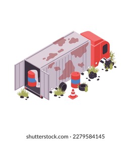 Isometric post apocalypse scene with abandoned damaged dirty van 3d vector illustration