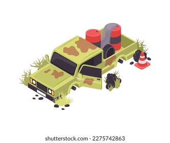 Isometric post apocalypse scene with adandoned dirty pickup truck and barrels 3d vector illustration