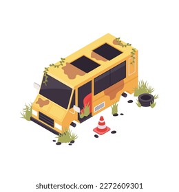 Escena isométrica post apocalipsis con bus abandonado roto ilustración vectorial 3d