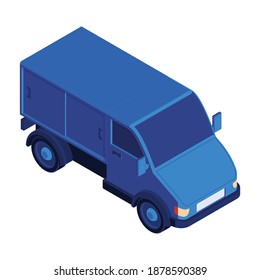 Isometric post composition with isolated image of blue van vector illustration