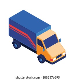 Isometric post composition with isolated image of delivery truck vector illustration