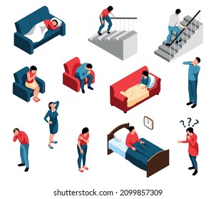 Isometrisches Post-Covid-Syndrom mit isolierten menschlichen Charakteren, die nach der Koronavirus-Krankheit verschiedene Symptome aufweisen, Vektorgrafik