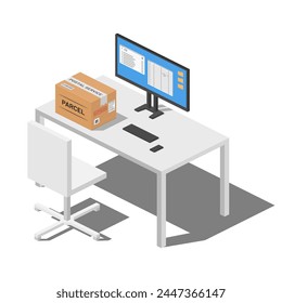 isometric post mail parcel cardboard box package on white table with computer vector flat illustration