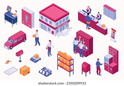 Isometric post office set with isolated icons of parcels on shelves scales self service clients employees vector illustration