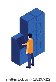 Isometric post terminal composition with human character interacting with automated parcel locker vector illustration