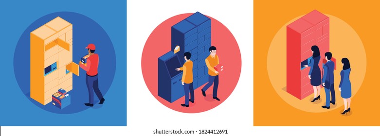 Isometrisches Postterminaldesign-Konzept mit Rundkompositionen von Postarbeitern und Kunden mit automatisierten Schließfächern, Vektorgrafik