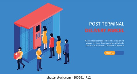 Isometric post terminal horizontal banner with editable text slider more button and people standing in line vector illustration
