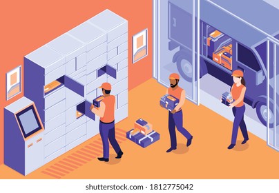 Isometric post terminal logistic composition with indoor scenery and postal workers loading parcels into automated locker vector illustration