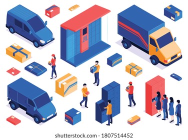 Isometric post terminal set of isolated parcel icons and images of delivery cars with postal workers vector illustration