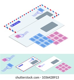 Isometric postal envelopes. Mail Envelope, Stickers, Stamps And Postcard Vintage Style Vector