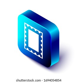 Isometric Postal stamp icon isolated on white background. Blue square button. Vector Illustration
