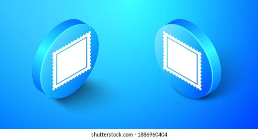 Isometric Postal stamp icon isolated on blue background. Blue circle button. Vector.