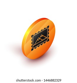 Isometric Postal stamp and Mountains icon isolated on white background. Orange circle button. Vector Illustration