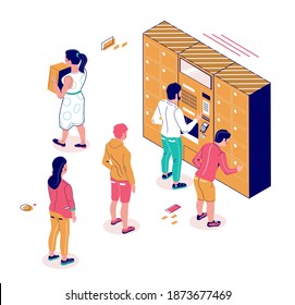 Isometric postal terminal and people standing in line to automated lockers, flat vector illustration. Self service parcel terminal machine, automatic storage chamber.