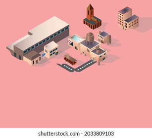 Isometric postapocalyptic town buried in sand in the desert. Minimalist sci-fi illustration. Copy space