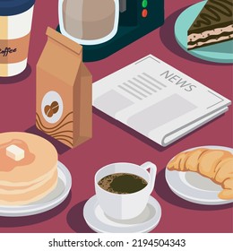 isometric poster of coffee with breakfast items