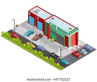Isometric poster of composition contains car wash building and  parking behind it with customers cars vector illustration
