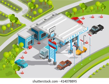 Isometric poster of gas station composition with gas and fuel refill service shop and cars vector illustration