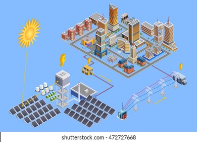 Isometric Poster Of Modern City Which Gain Energy From  Solar Electricity Station With Mirror Plates Vector Illustration