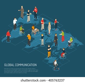 Isometric Poster Of People Connected To Global Communication On World Map Dark Blue Background Vector Illustration