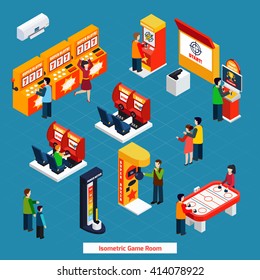 Isometric poster of public game room with different video games slots racing and arcade games vector illustration