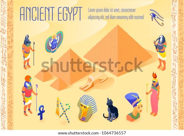 古代エジプトのピラミッドの様々な記号を持つアイソメポスターエジプトの神々の3dベクターイラスト のベクター画像素材 ロイヤリティフリー