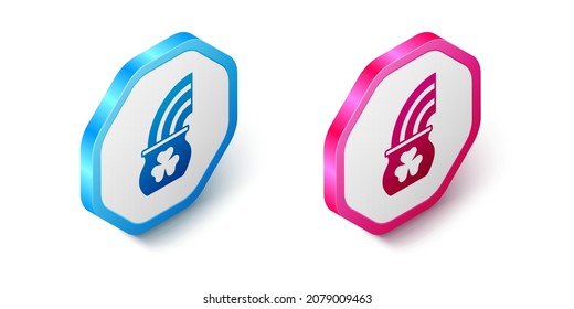 Isometric Pot of gold with magic rainbow icon isolated on white background. Happy Saint Patricks day. National Irish holiday. Hexagon button. Vector
