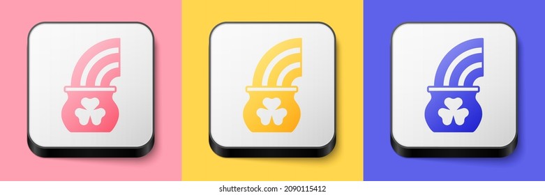 Isometric Pot of gold with magic rainbow icon isolated on pink, yellow and blue background. Happy Saint Patricks day. National Irish holiday. Square button. Vector