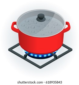 Isometric A pot on a gas cooker on a white background.  Vector Blue flame.