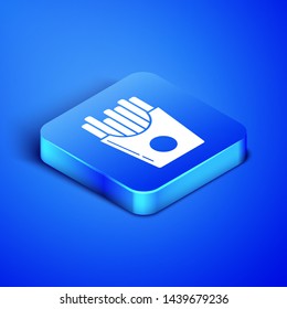 Isometric Potatoes french fries in carton package box icon isolated on blue background. Fast food menu. Blue square button. Vector Illustration