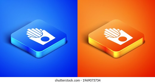 Isometric Potatoes french fries in carton package box icon isolated on blue and orange background. Fast food menu. Square button. Vector