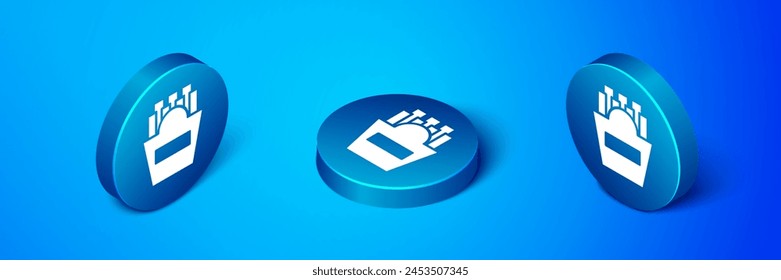 Isometric Potatoes french fries in carton package box icon isolated on blue background. Fast food menu. Blue circle button. Vector Illustration