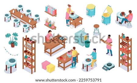 Isometric pottery color icon set tables production of pots shelves with finished products and various interior elements of the studio vector illustration