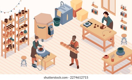 Estudio de cerámica isométrica coloreado por tres maestros hechos a mano trabajan en su acogedor estudio y crean potes composición ilustración vectorial