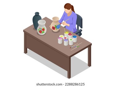 Isometric Pottery workshop. Ceramist person painting handmade crockery use brush. Pottery studio, pottery hobby. Handcrafted earthenware.