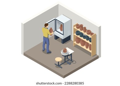 Isometric Pottery workshop. Pottery is the creation of vessels and other objects from clay, which are fired at high temperatures to give them a hard and durable shape. Pottery studio, pottery hobby.