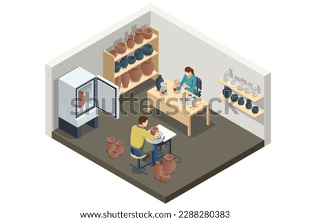 Isometric Pottery workshop. Pottery is the creation of vessels and other objects from clay, which are fired at high temperatures to give them a hard and durable shape. Handcrafted earthenware.