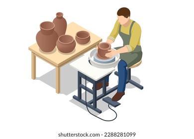 Isometric Pottery workshop. Potter's wheel. Pottery studio, pottery hobby. Handcrafted earthenware.