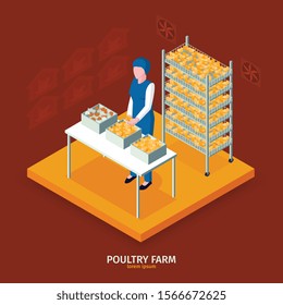 Isometric poultry farm composition with text and faceless female character in front of boxes with chicken vector illustration