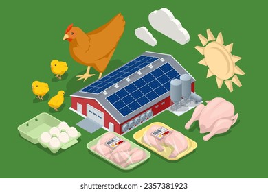 Isometric Poultry Farm Industrial. Poultry farm building, production of chicken meat, eggs, poultry products