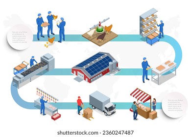 Isometric Poultry farming. Poultry farm building, production of chicken meat, eggs, poultry products. Chicken on an organic farm, freely grazing on a meadow. Organic farming