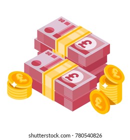 Isometric pounds of sterling. Isolated pounds of sterling and coins. Vector isometric money icon on a white background. Money flat icon in isometric style. Money illustration of wealth and condit