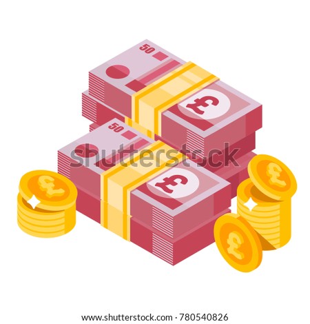 Isometric pounds of sterling. Isolated pounds of sterling and coins. Vector isometric money icon on a white background. Money flat icon in isometric style. Money illustration of wealth and condit