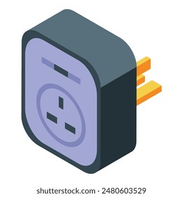 Isometric power adapter icon with electrical plug and 3d illustration for electricity supply and charging equipment, isolated vector accessory for modern technology and convenient travel use